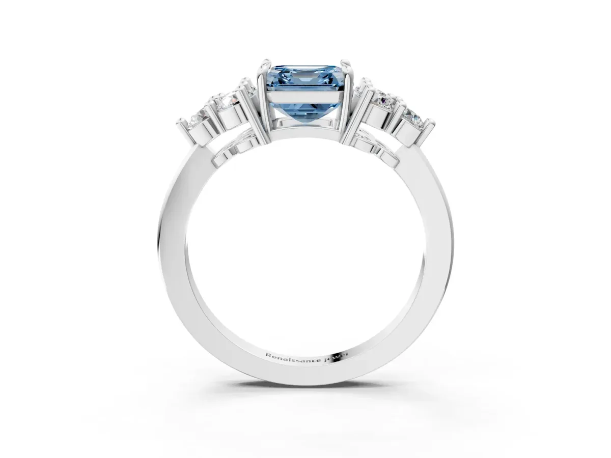 Fancy Blue Asscher Cut Brilliant Diamond Cluster Accent Solitaire Ring with Prong Setting Platinum