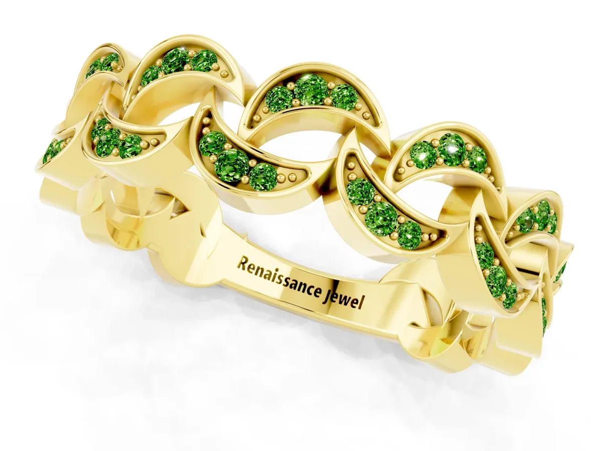Pavé Round Peridot Interlocking Eternity Band with Bezel Prong Setting Yellow gold