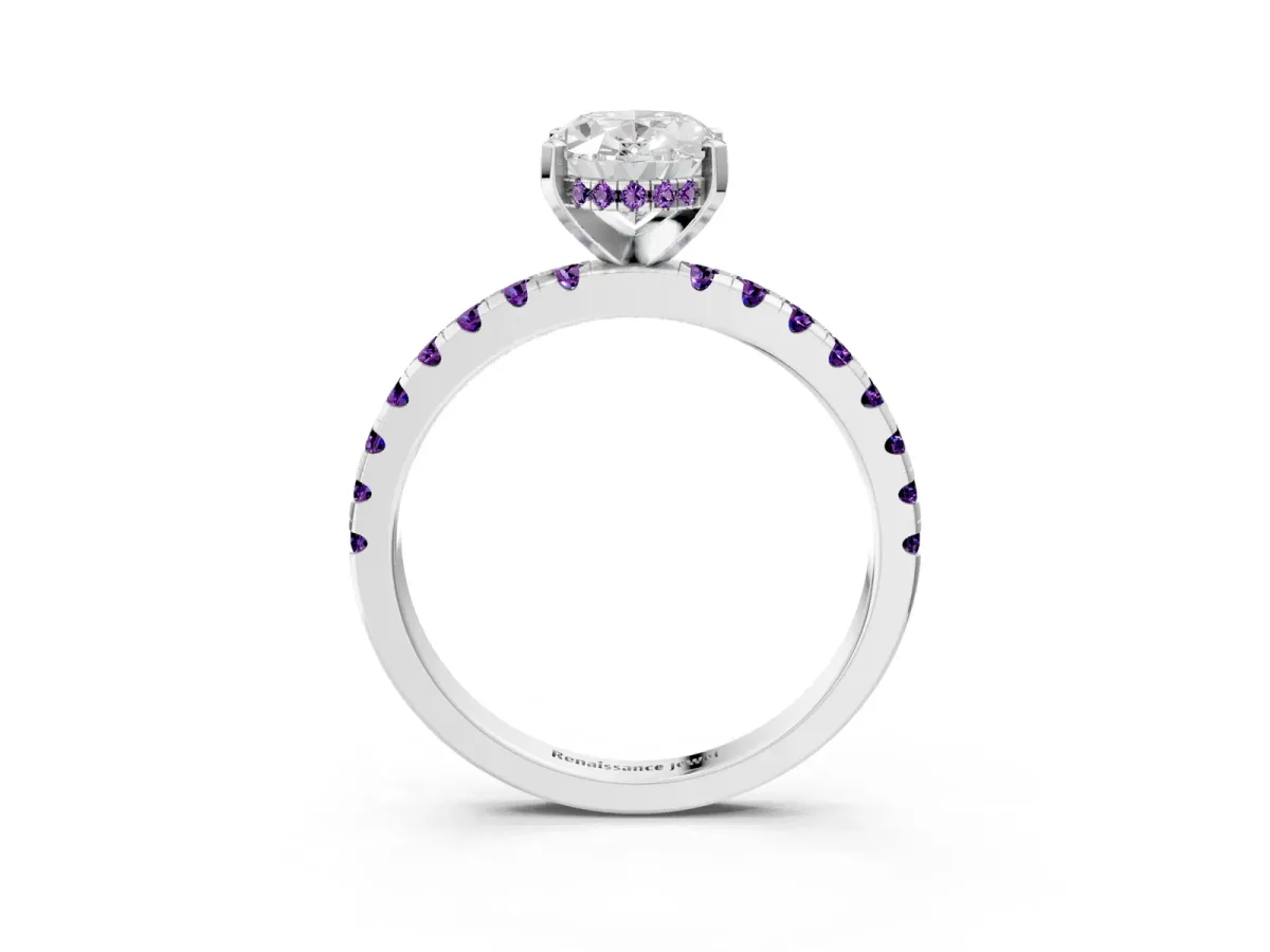 Oval Cut Diamond Solitaire Ring with Round Amethyst Pavé Band and Four-Prong Setting Silver