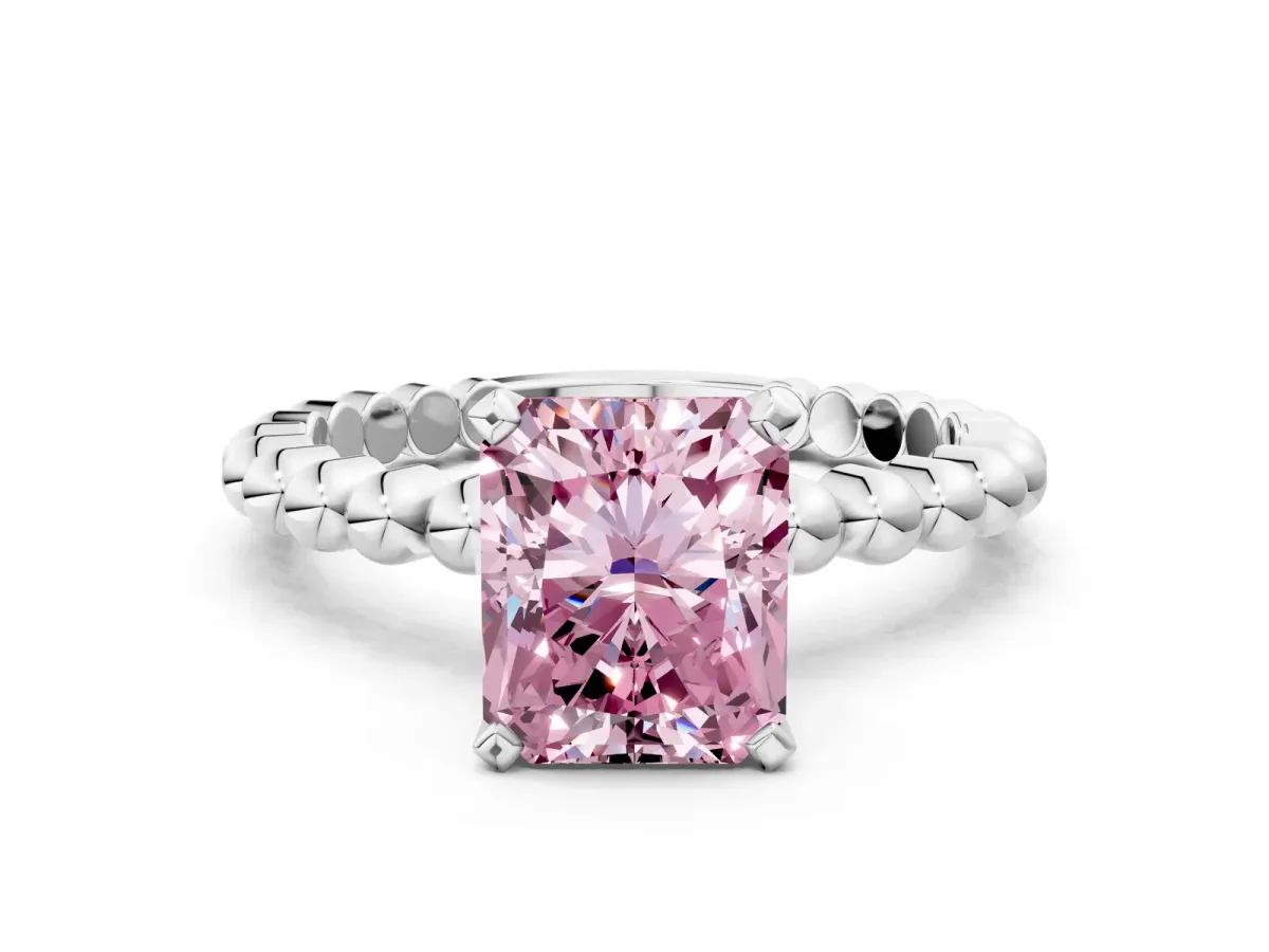 Fancy Pink Radiant Cut Diamond Solitaire Ring with Beaded Band and Prong Setting Silver