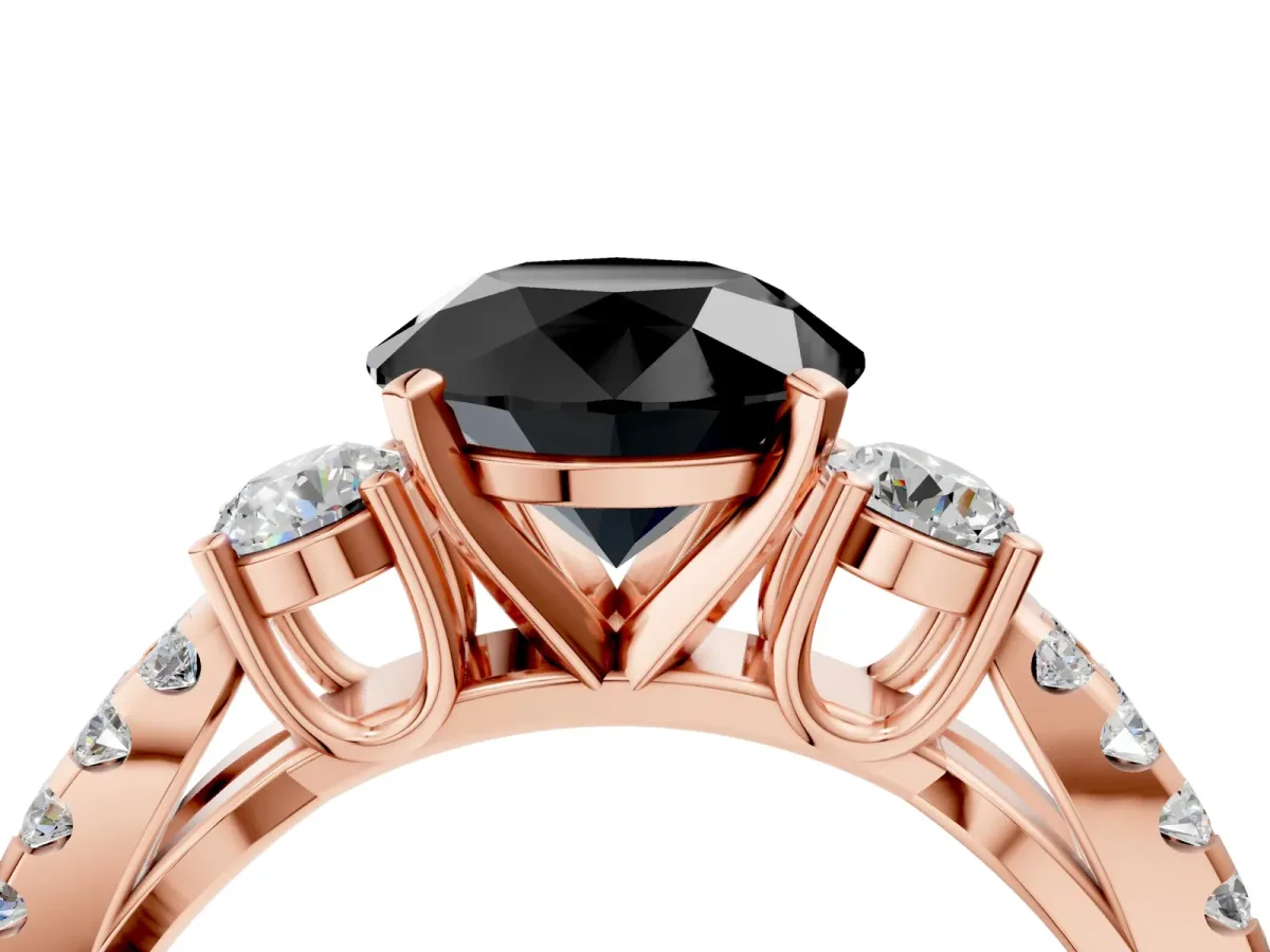 Fancy Black Round Cut Diamond Three-Stone Ring with Pavé Split Shank and Four-Prong Setting Rose gold