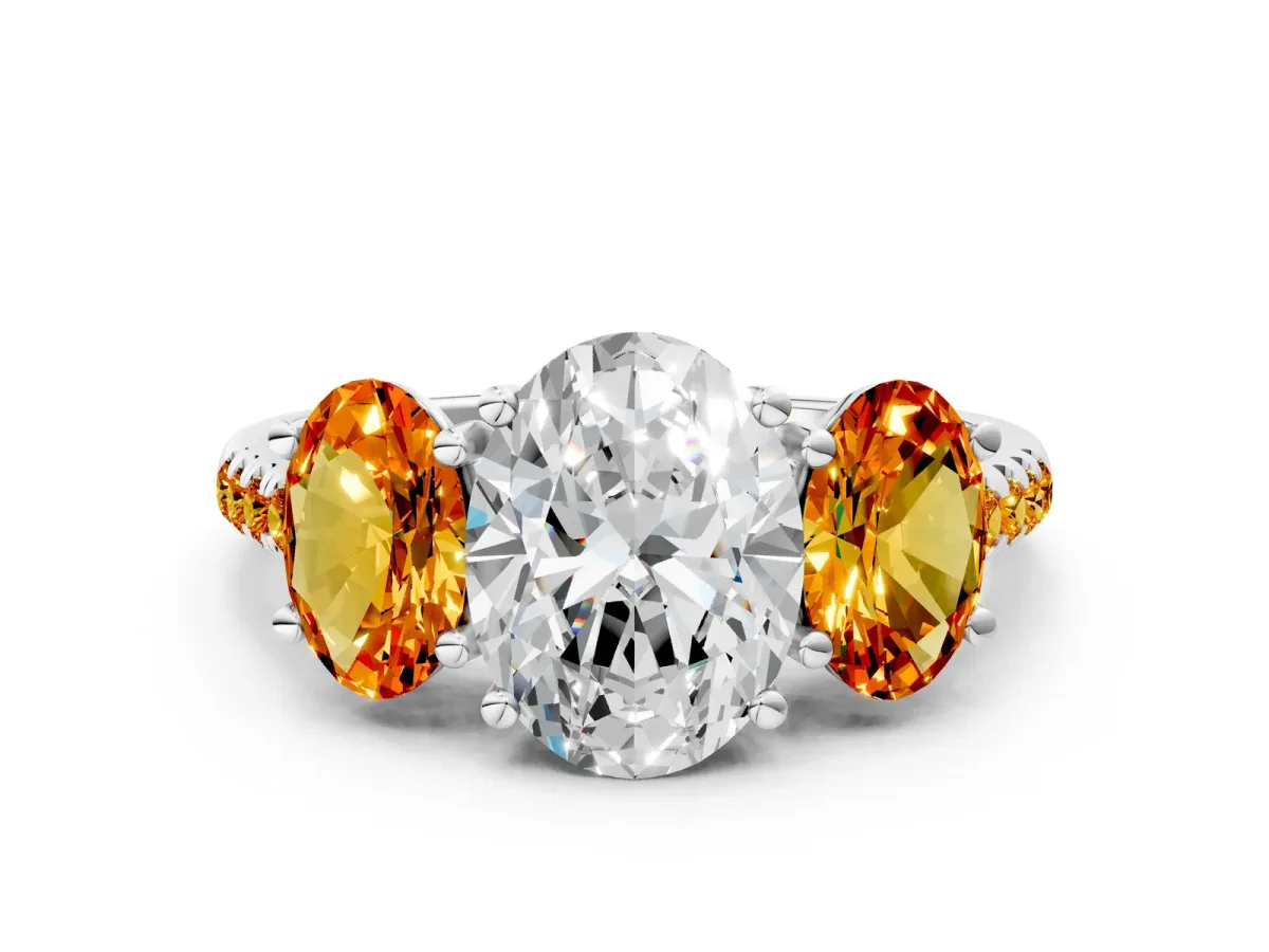 Three-Stone Oval Cut Diamond Ring with Round Citrine Pavé Band and Prong Setting Platinum