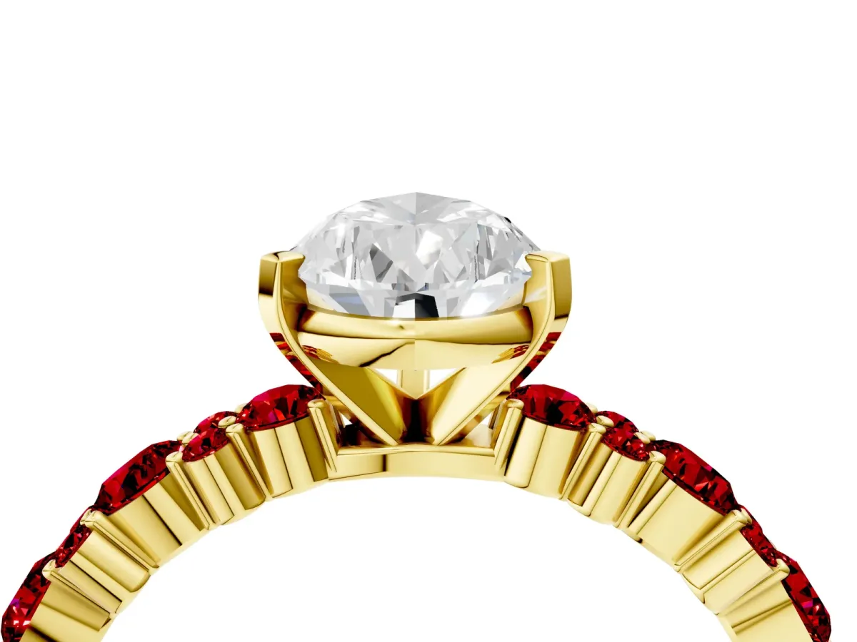 Pear Cut Diamond Side Stone Solitaire Ring with Round Ruby and Four-Prong Setting Yellow gold