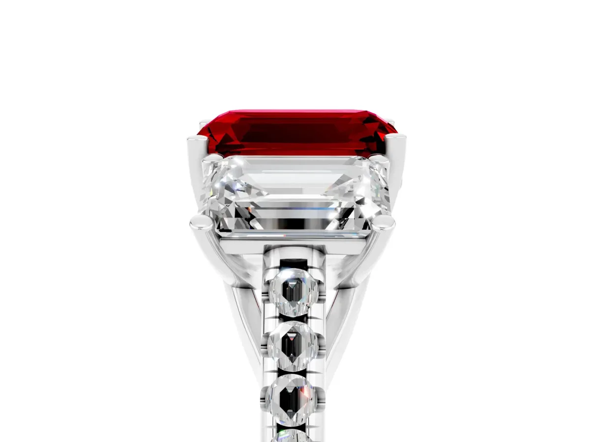 Three-Stone Emerald Cut Ruby Ring with Round Pavé Band and Prong Setting White gold