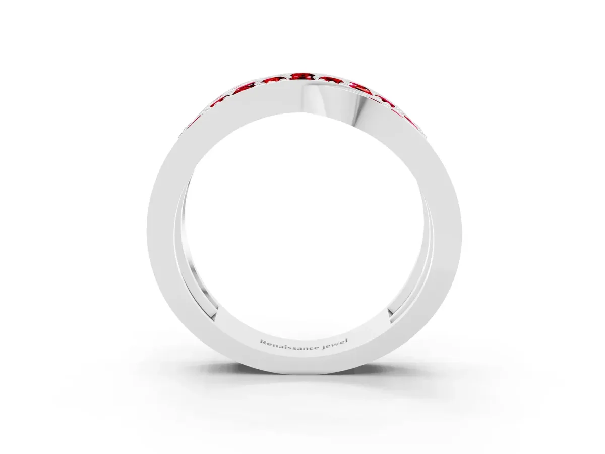 Pavé Round Ruby Crossover Band with Bead Prong Setting White gold