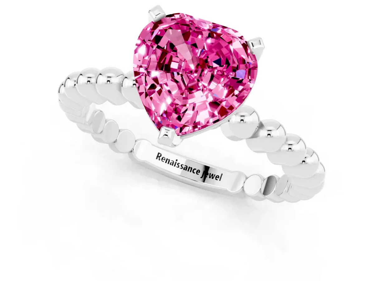 Heart Cut Pink Sapphire Solitaire Ring with Beaded Band and Prong Setting Silver