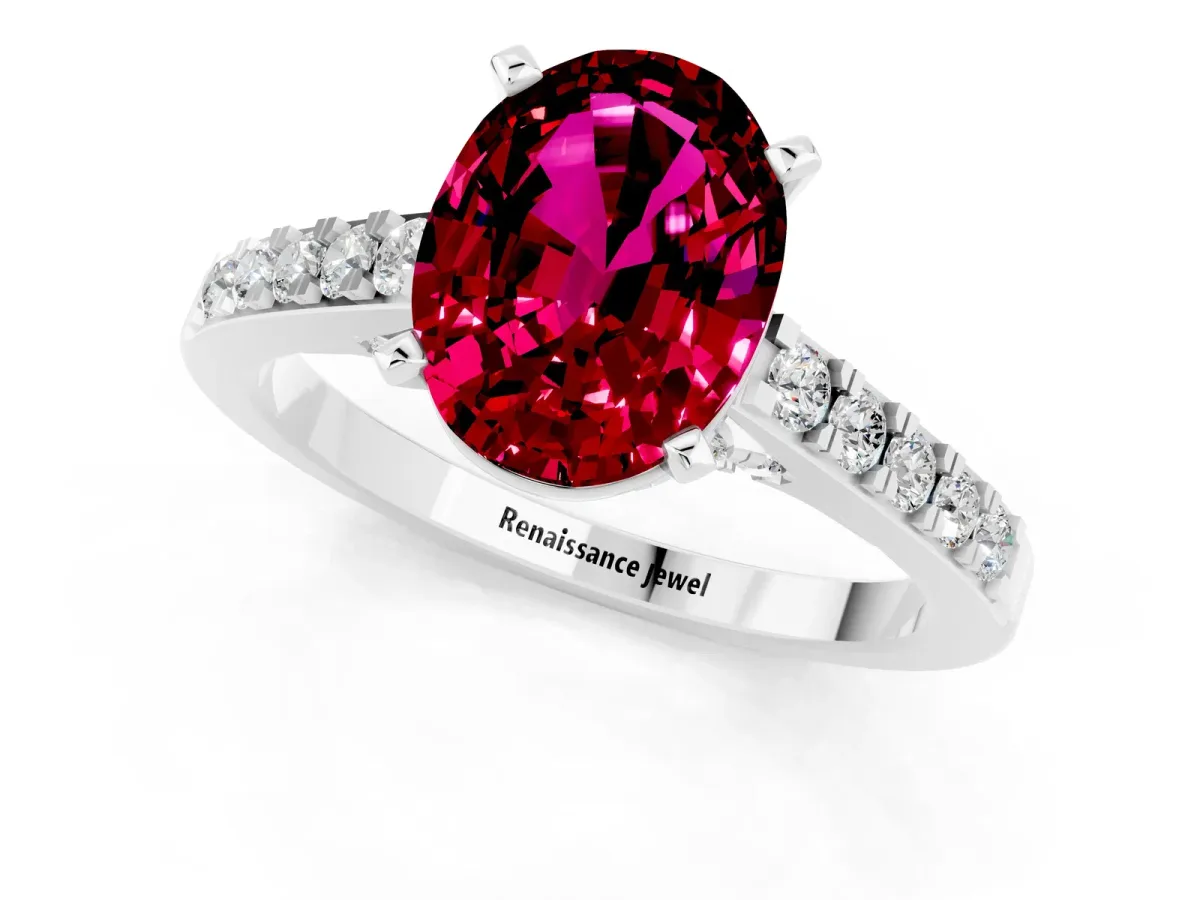 Oval Cut Garnet Solitaire Ring with Crossover Gallery and Round Pavé Band Silver
