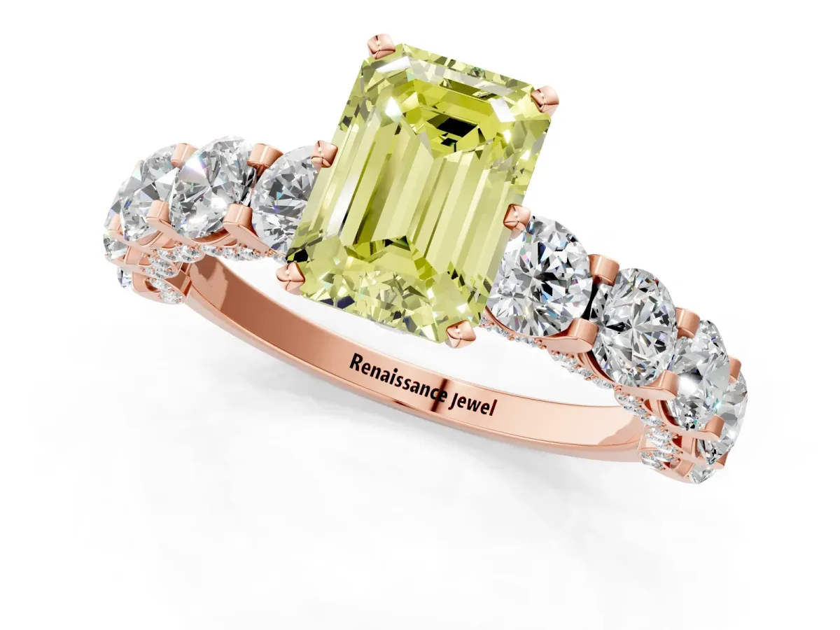 Fancy Yellow Emerald Cut Diamond Side Stone Engagement Ring with Four-Prong Setting Rose gold