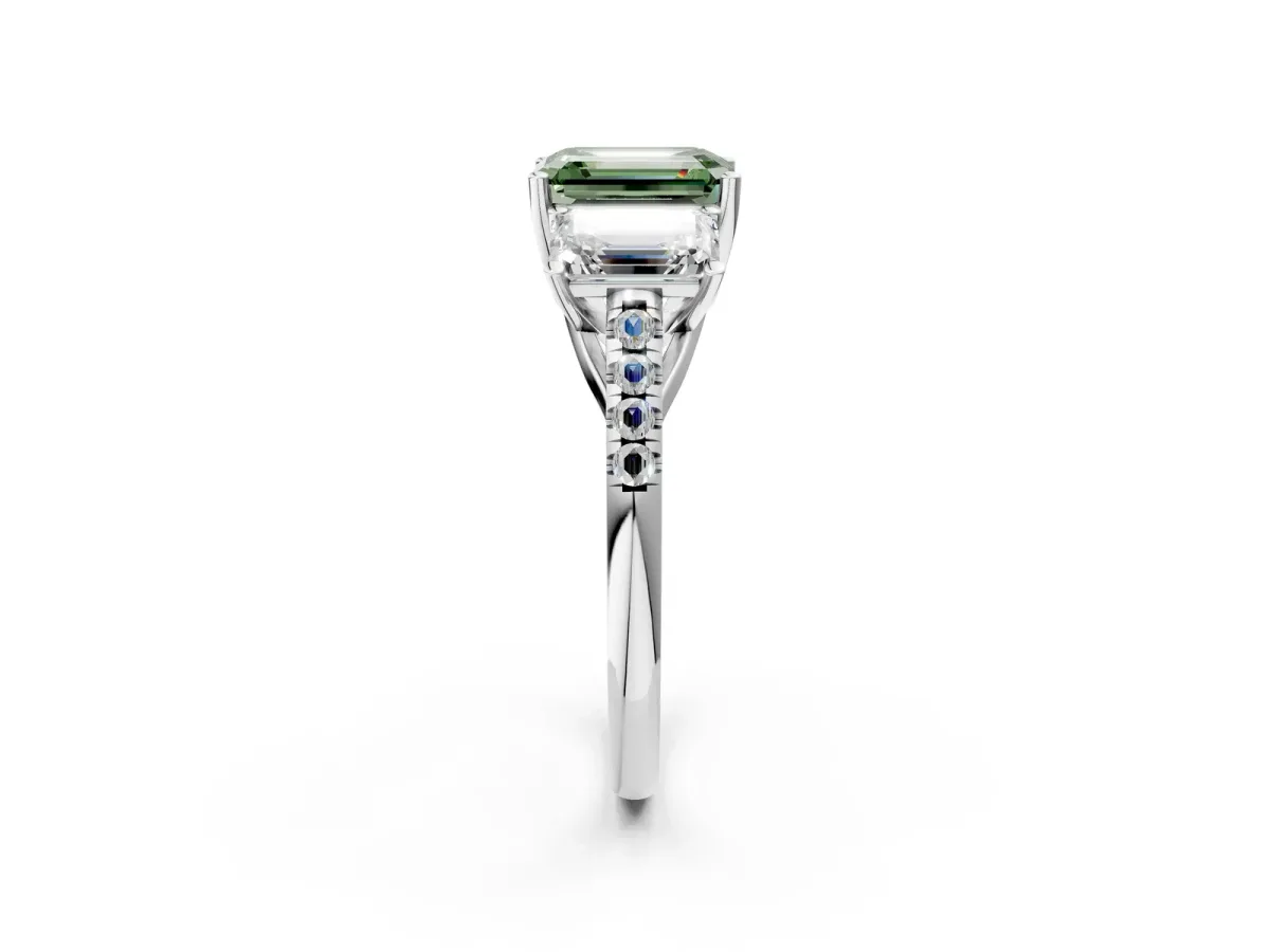 Fancy Green Three-Stone Emerald Cut Diamond Ring with Round Pavé Band and Prong Setting Platinum