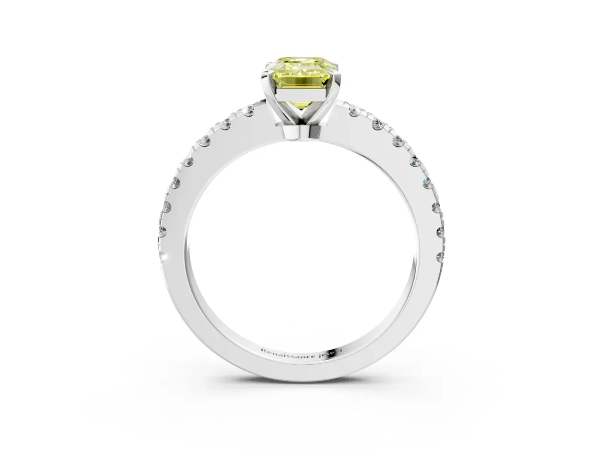 Fancy Yellow Emerald Cut Solitaire Diamond with Pavé Band and Four-Prong Setting Platinum