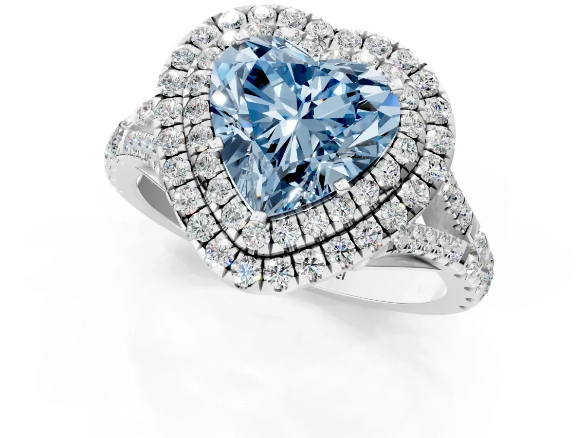 Fancy Blue Heart Cut Cut Double Halo Split Shank Diamond Ring with Prong Setting Platinum