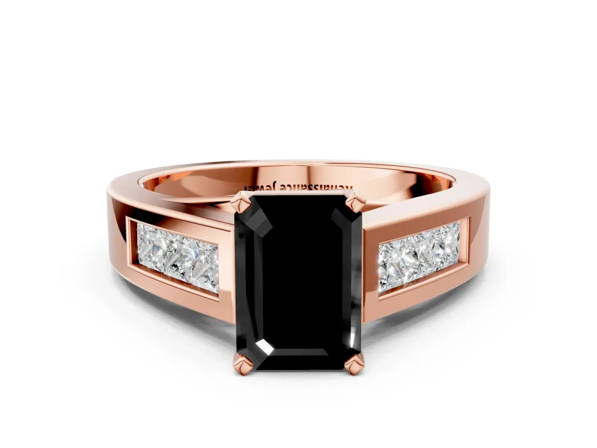 Fancy Black Emerald Cut Cut Channel Set Solitaire Ring with Four-Prong Setting Rose gold