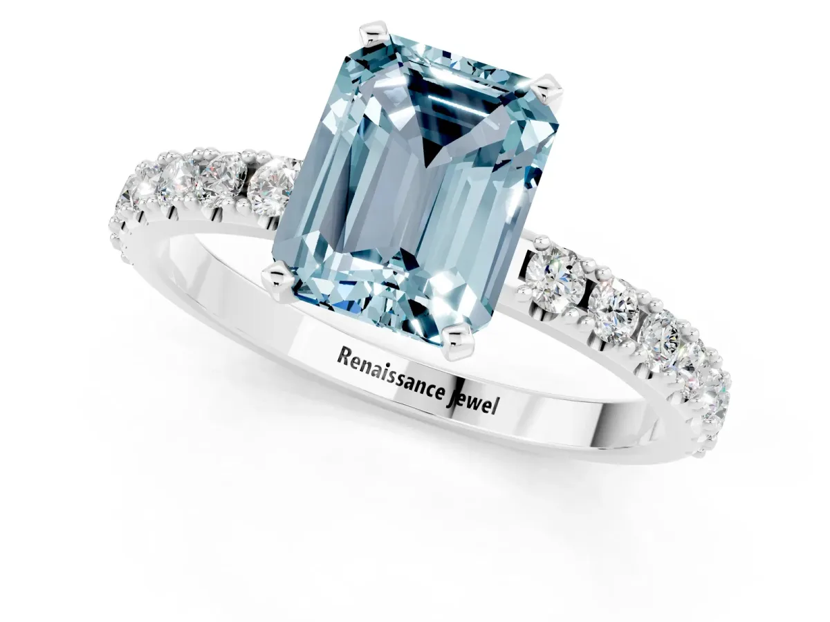 Emerald Cut Aquamarine Solitaire Pavé Band with Four-Prong Setting Silver