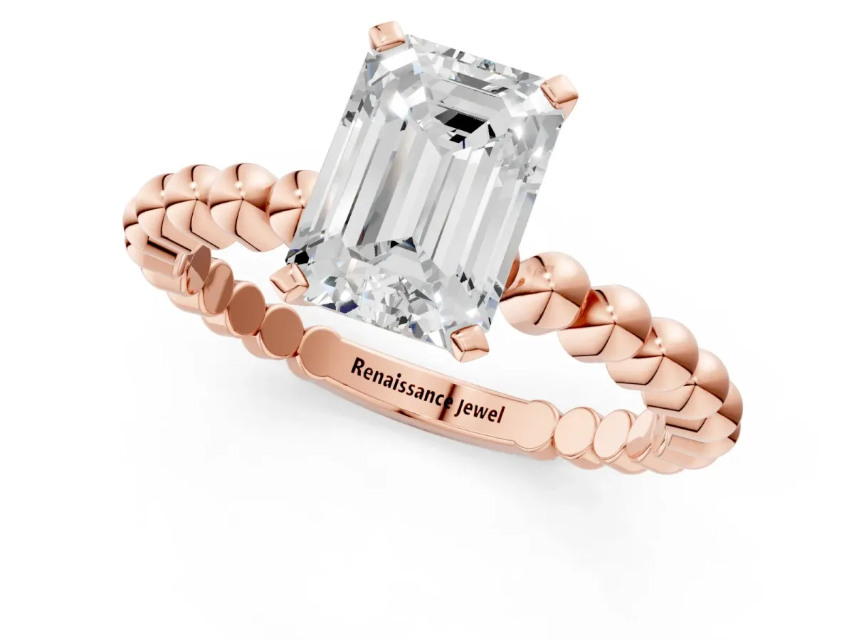 Emerald Cut Diamond Solitaire Ring with Beaded Band and Prong Setting Rose gold