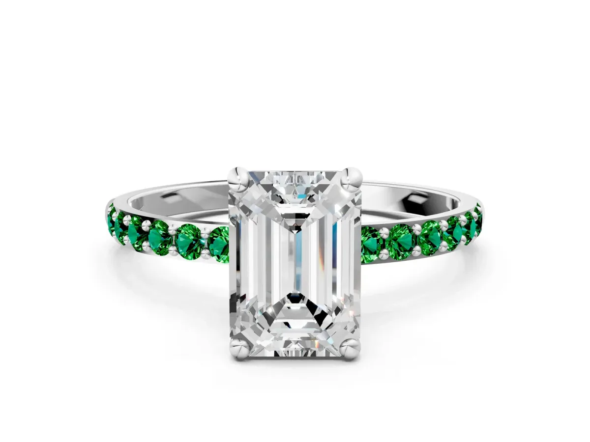 Emerald Cut Diamond Solitaire Ring with Round Emerald Pavé Band and Prong Setting Platinum