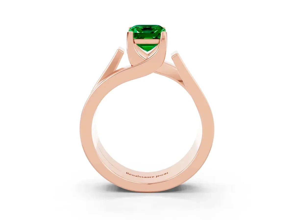 Modern Tension Set Emerald Cut Emerald Solitaire Wide Band Ring Rose gold