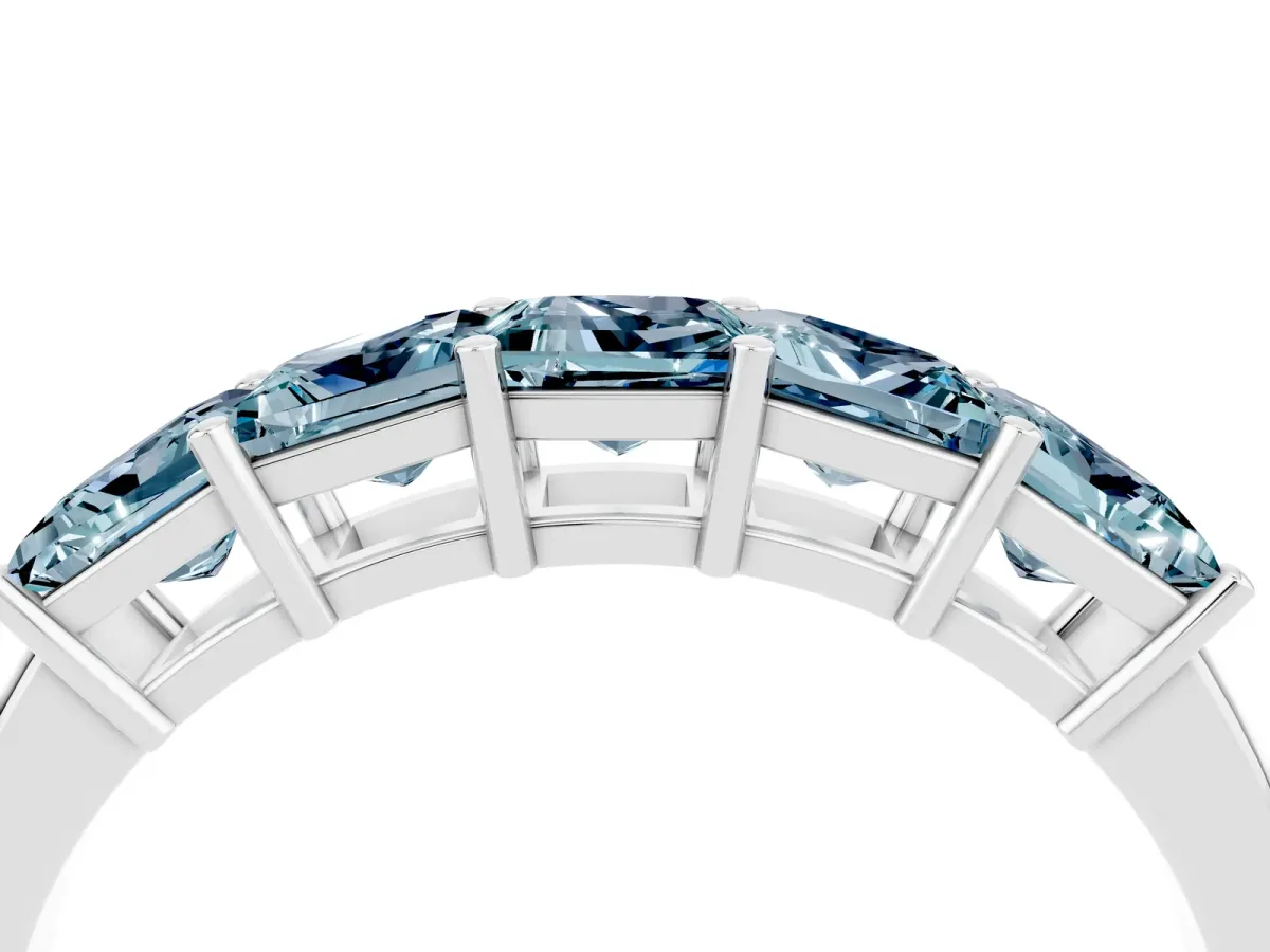 Princess Cut Five-Stone Aquamarine Band with Prong Setting Silver