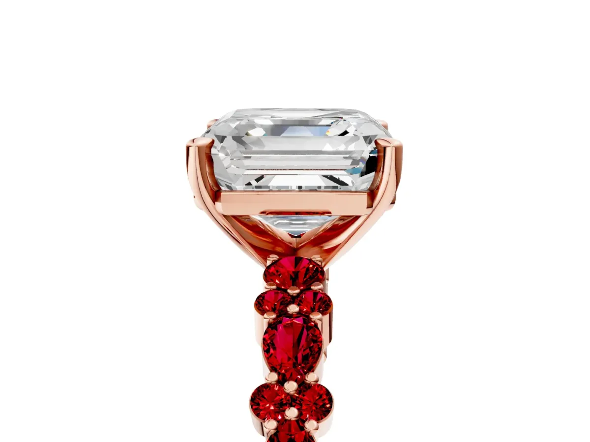 Asscher Cut Diamond Side Stone Solitaire Ring with Round Ruby and Four-Prong Setting Rose gold