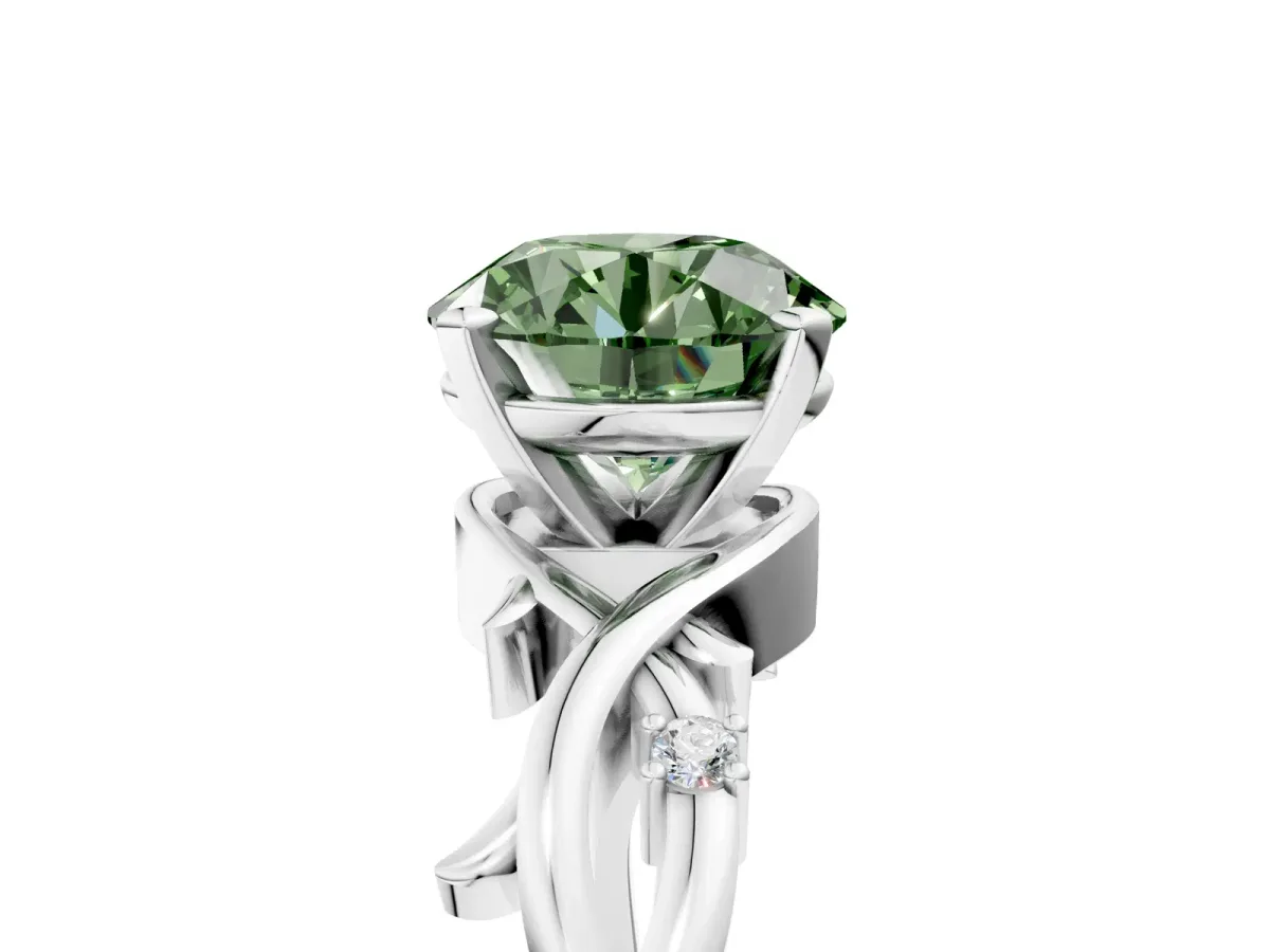 Fancy Green Round Cut Diamond Solitaire Ring with Twisted Band and Prong Setting Silver