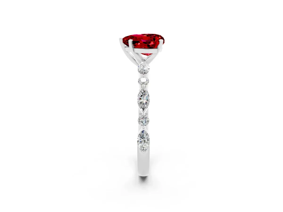 Heart Cut Ruby Ring with Marquise and Round Side Stones and Four-Prong Setting Platinum