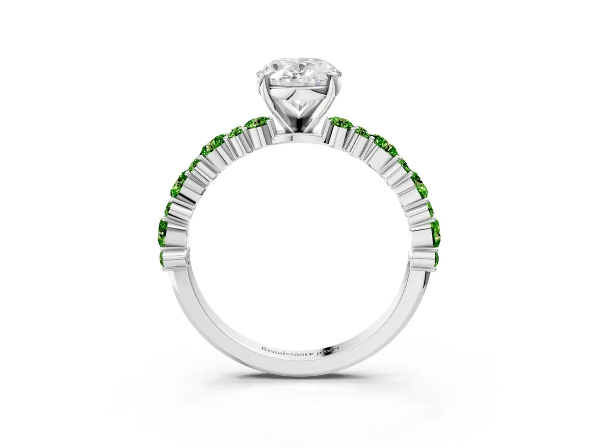 Oval Cut Diamond Side Stone Solitaire Ring with Round Peridot and Four-Prong Setting Silver
