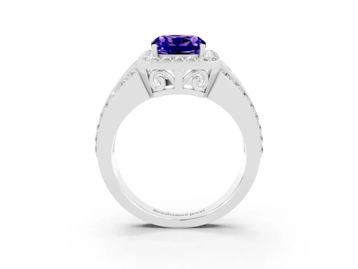 Cushion Cut Halo Tanzanite Ring with Round Split Shank and Prong Setting Silver