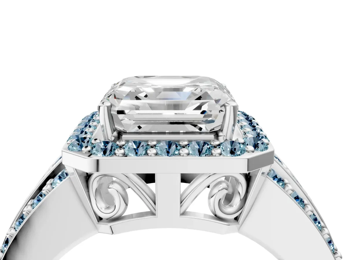 Asscher Cut Halo Diamond Ring with Round Aquamarine Split Shank and Prong Setting Silver
