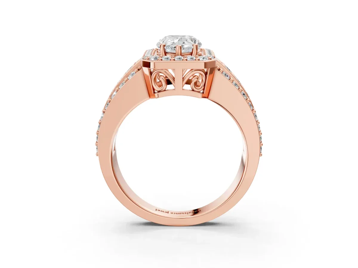 Pear Cut Halo Diamond Ring with Round Split Shank and Prong Setting Rose gold