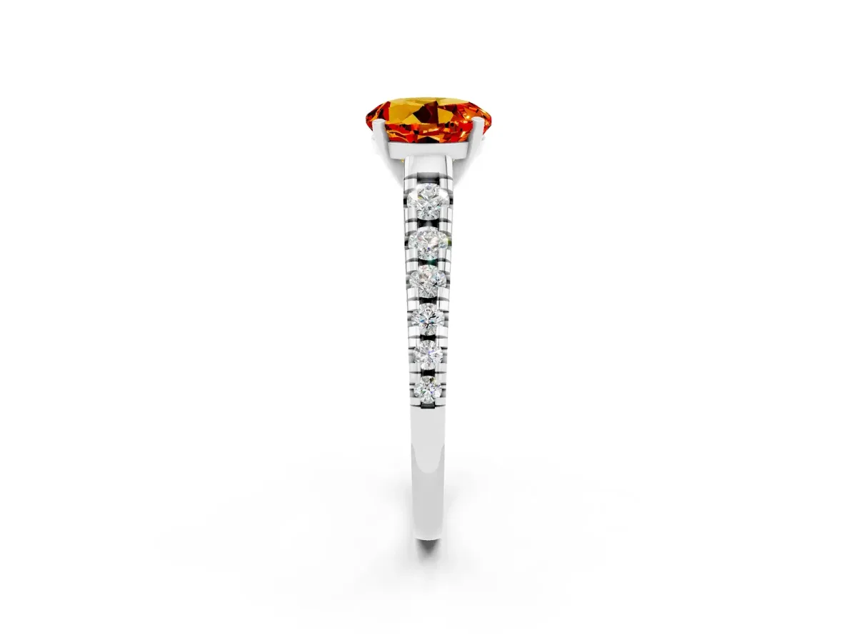 Round Cut Citrine Cathedral Solitaire Ring with Round Pavé Band Silver