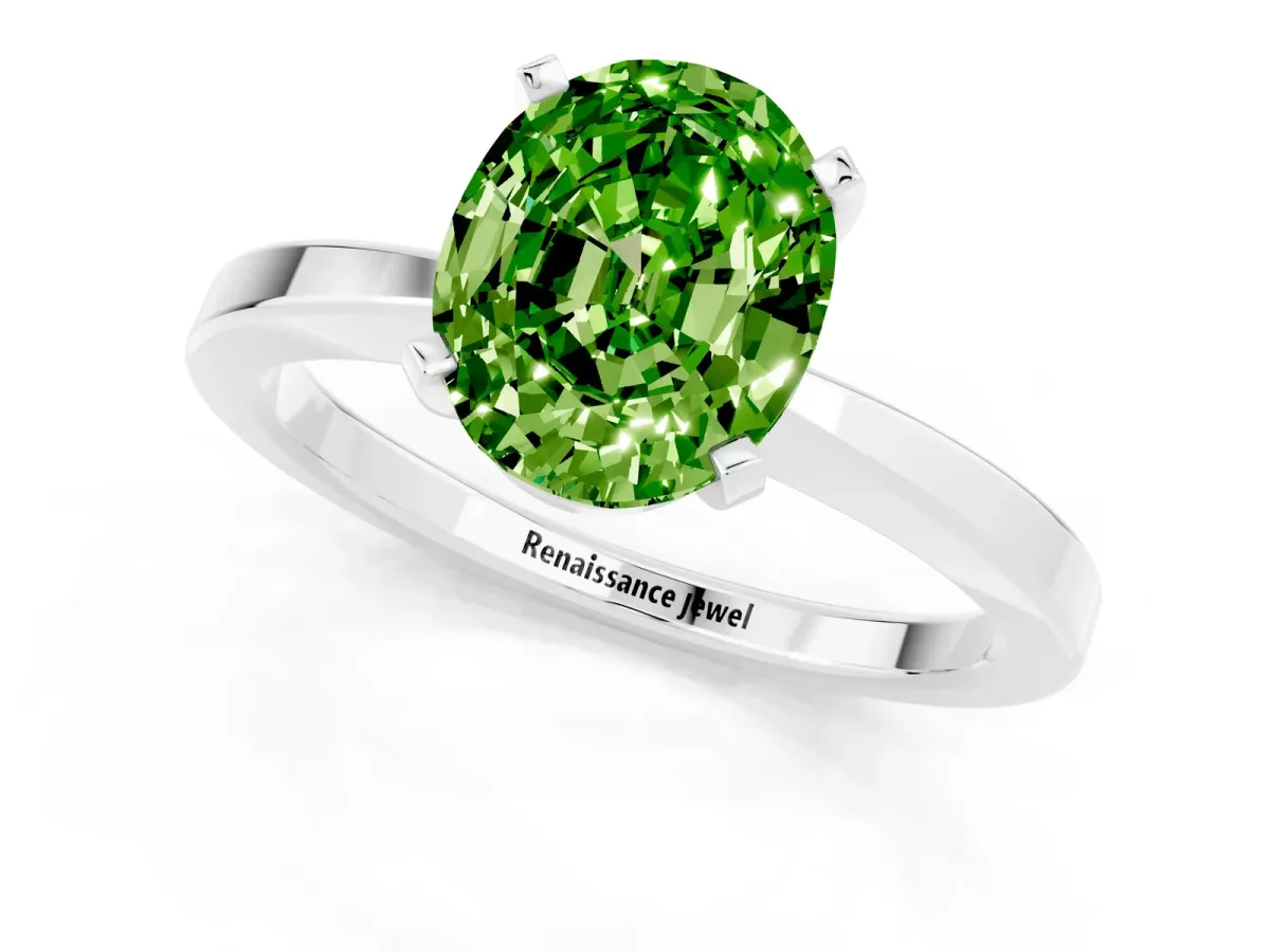 Oval Cut Peridot Solitaire Engagement Ring with Classic Band and Four-Prong Setting Silver