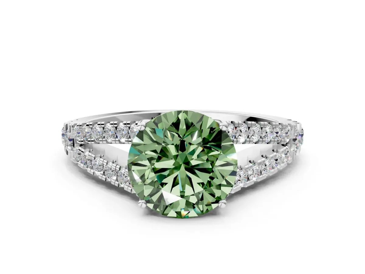 Fancy Green Round Cut Diamond Split Shank Engagement Ring with Round Pavé and Prong Setting Platinum