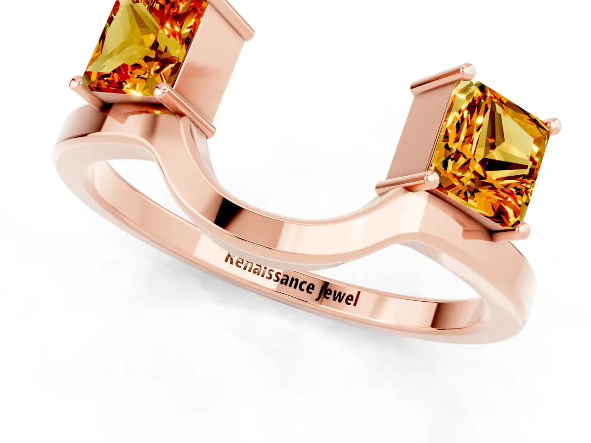 Princess Cut Citrine Two-Stone Open Band Ring with Four-Prong Setting Rose gold