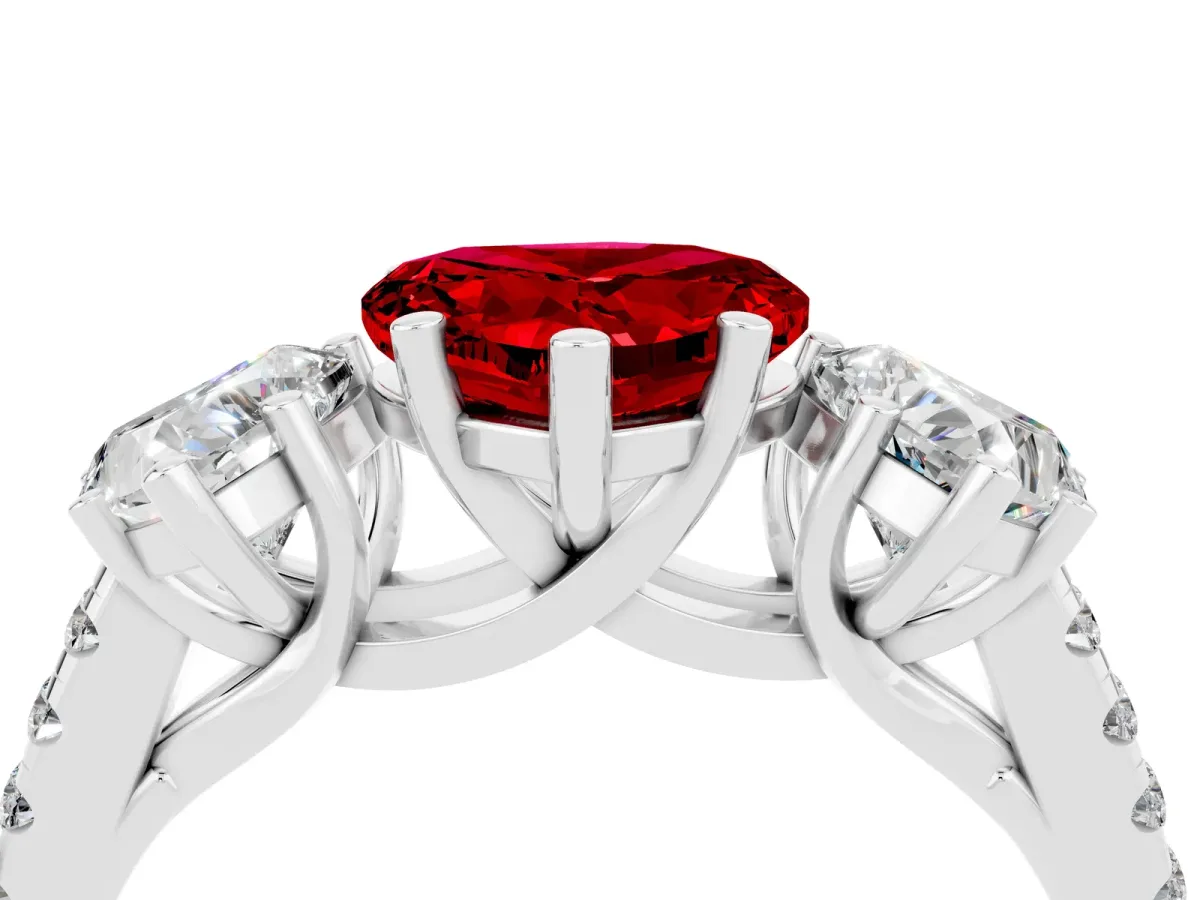 Three-Stone Heart Cut Ruby Ring with Round Pavé Band and Prong Setting White gold