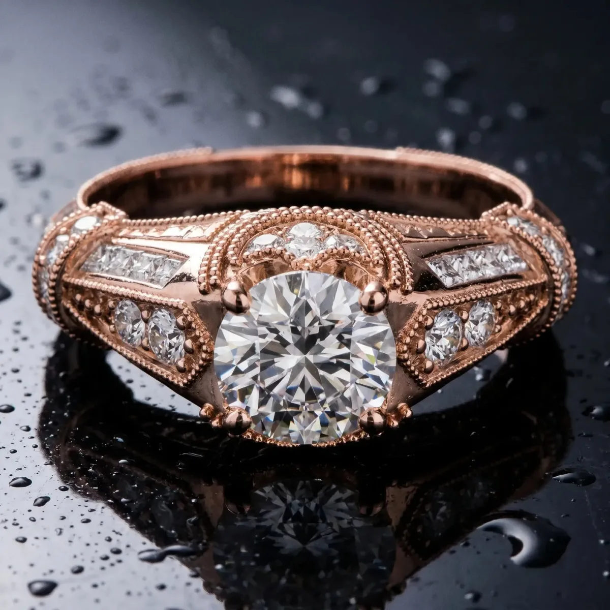 Vintage Milgrain Round Cut Diamond Split Shank Ring with Prong Setting Rose gold