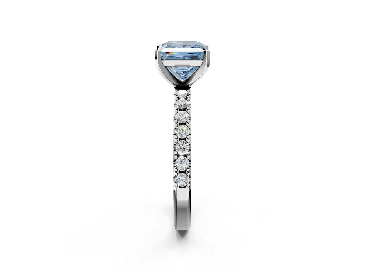 Fancy Blue Princess Cut Diamond Solitaire Pavé Band with Four-Prong Setting Silver