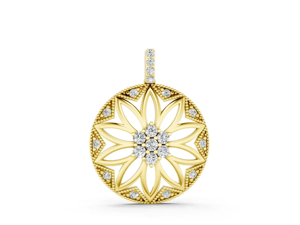 Round Diamond Cluster Flower Pendant Yellow gold