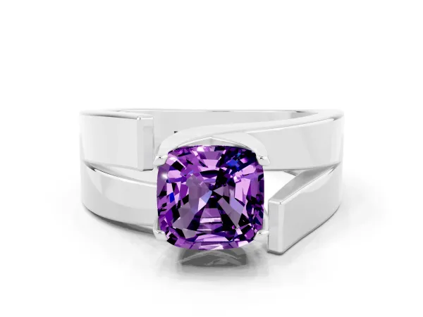 Modern Tension Set Cushion Cut Amethyst Solitaire Wide Band Ring Platinum