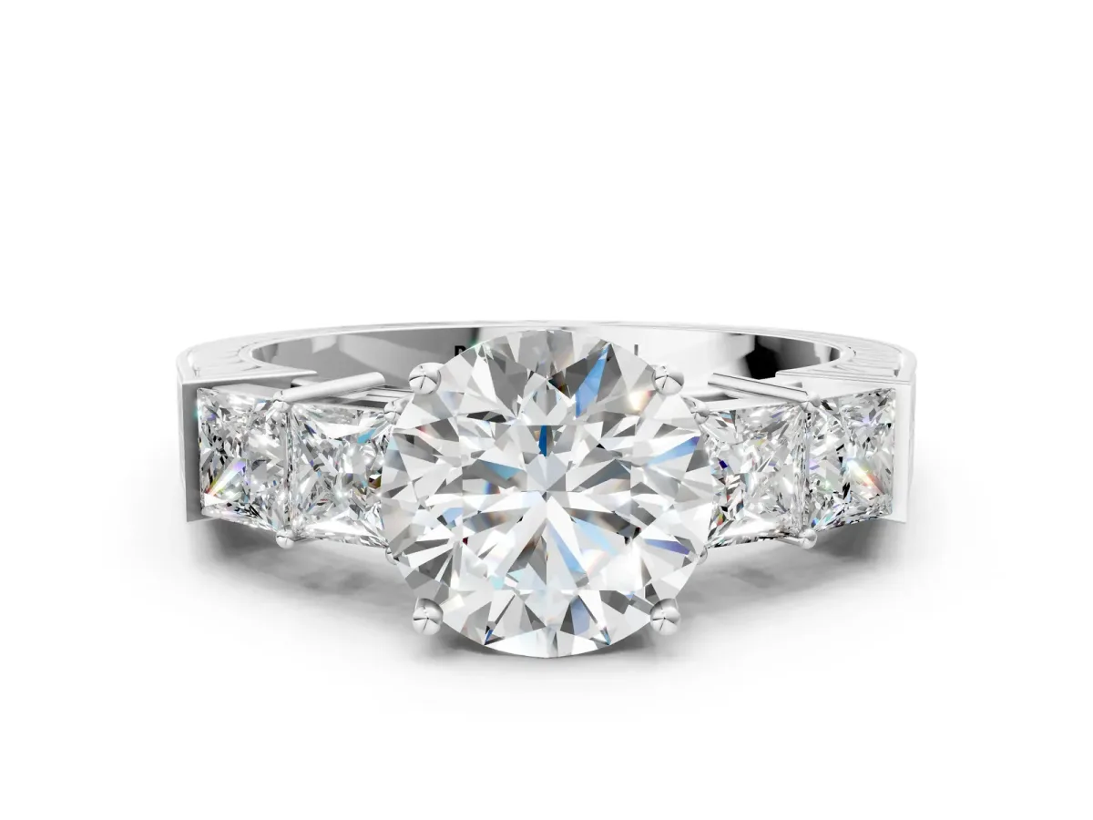 Round Cut Solitaire Princess Side Stone Engraved Band Prong Setting Ring White gold