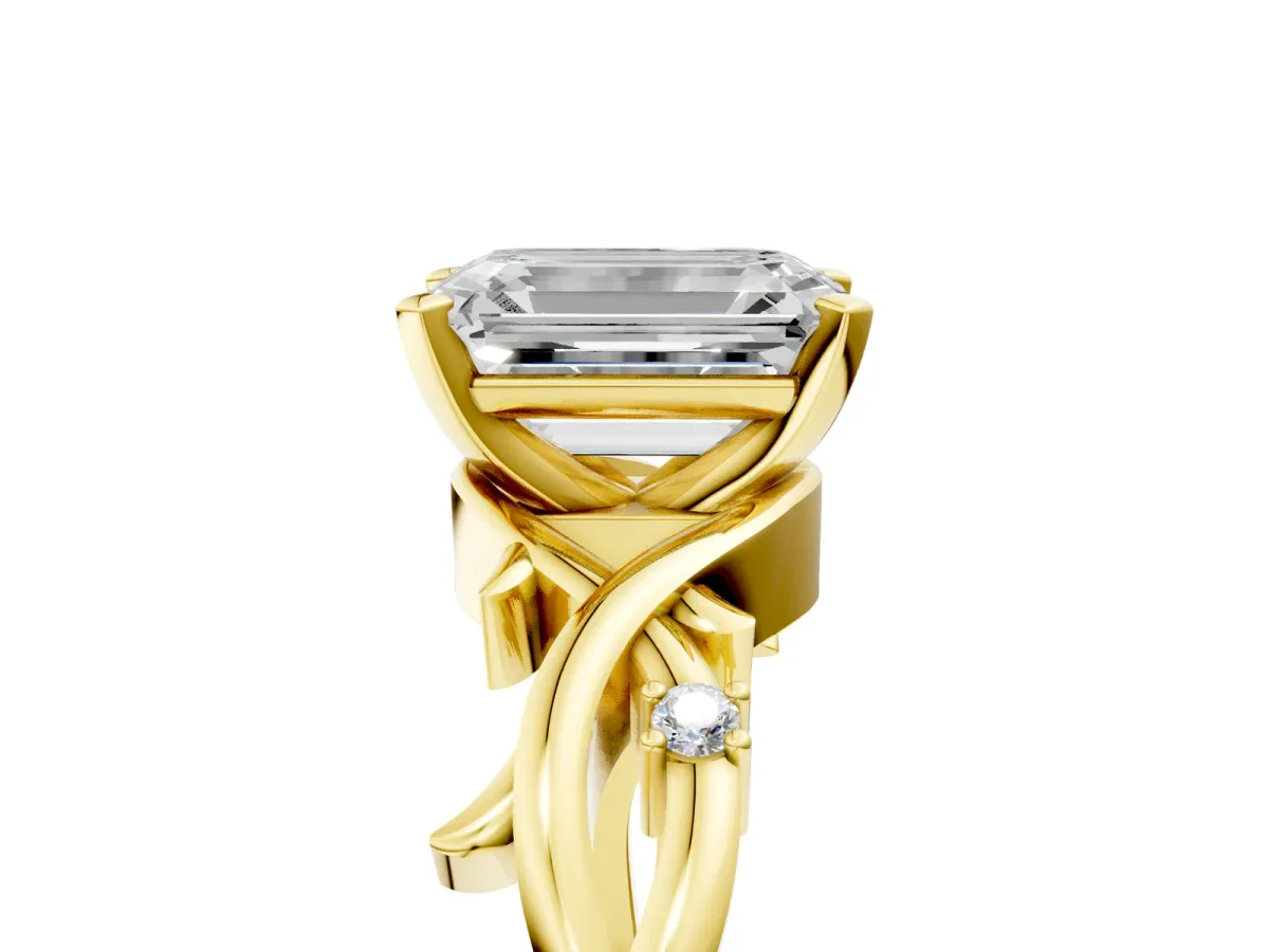 Emerald Cut Diamond Solitaire Ring with Twisted Band and Prong Setting Yellow gold