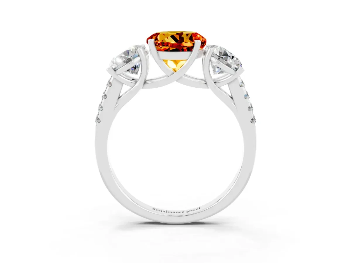 Three-Stone Round Cut Citrine Ring with Round Pavé Band and Prong Setting White gold