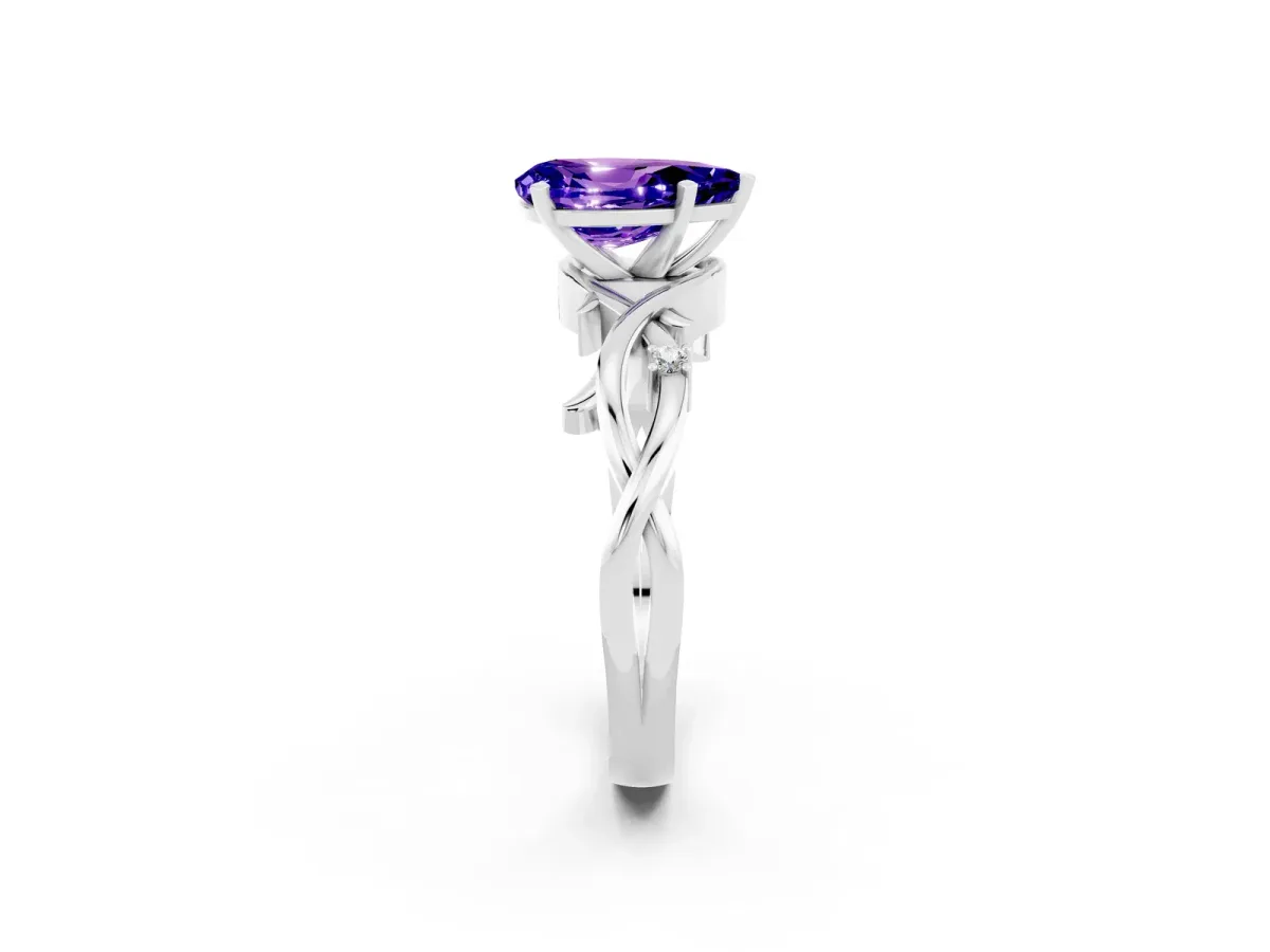 Pear Cut Tanzanite Solitaire Ring with Twisted Band and Prong Setting White gold