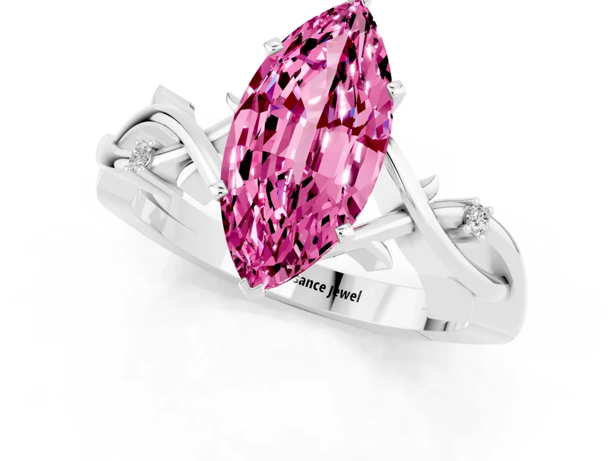 Marquise Cut Pink Sapphire Solitaire Ring with Twisted Band and Prong Setting Silver