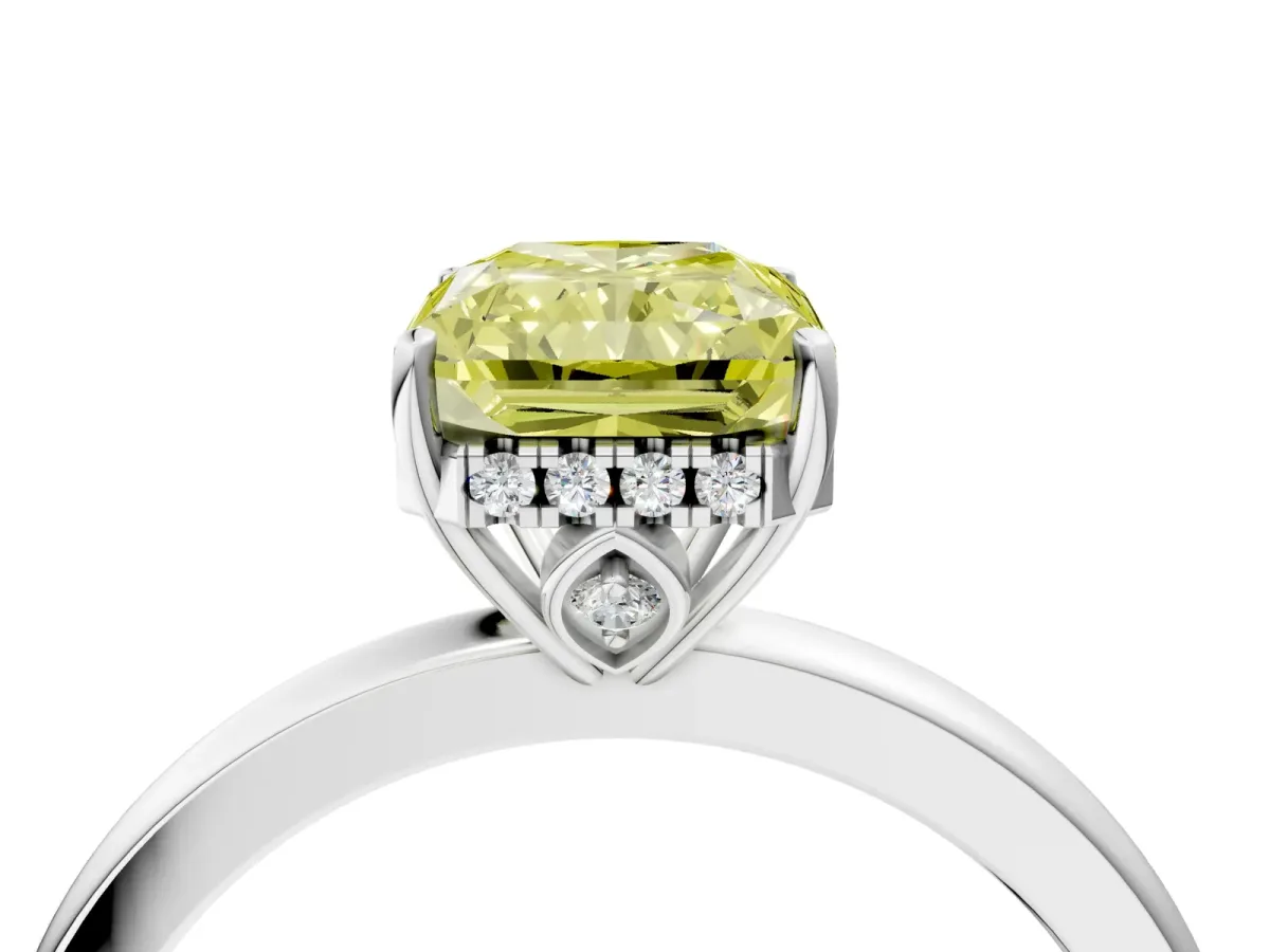 Fancy Yellow Radiant Cut Solitaire Diamond Ring with Prong Setting and Plain Band Silver