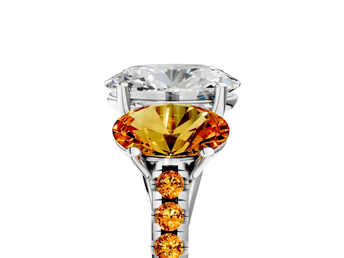 Three-Stone Oval Cut Diamond Ring with Round Citrine Pavé Band and Prong Setting Platinum