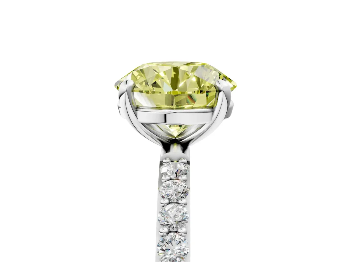 Fancy Yellow Round Cut Diamond Solitaire Ring with Round Pavé Band and Prong Setting Silver