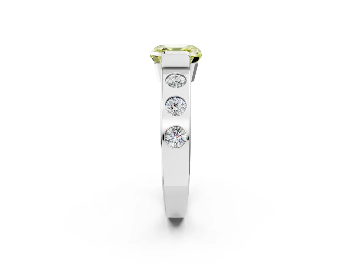 Fancy Yellow Asscher Cut Brilliant Channel-Set Diamond Ring with Bezel Prong Setting Platinum
