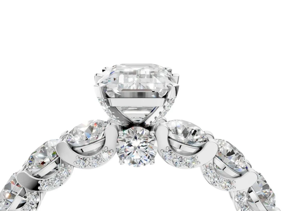 Emerald Cut Diamond Side Stone Engagement Ring with Four-Prong Setting White gold
