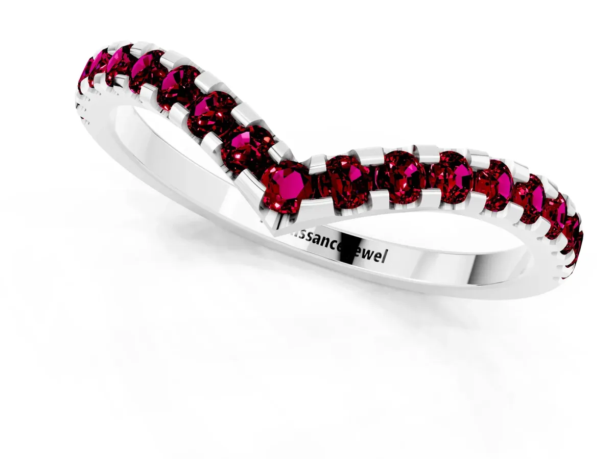 Pavé Round Garnet Chevron Band with Shared Prong Setting Silver