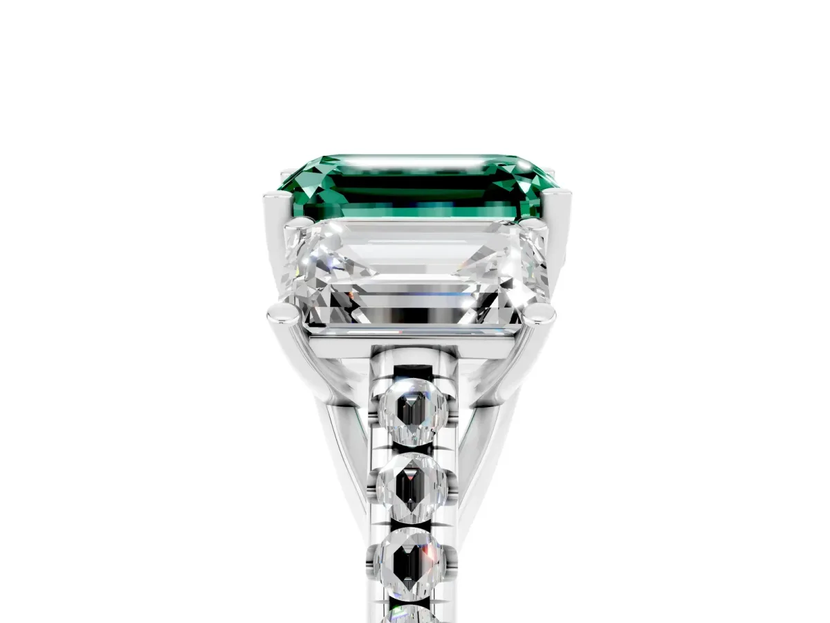 Three-Stone Emerald Cut Green Sapphire Ring with Round Pavé Band and Prong Setting Silver