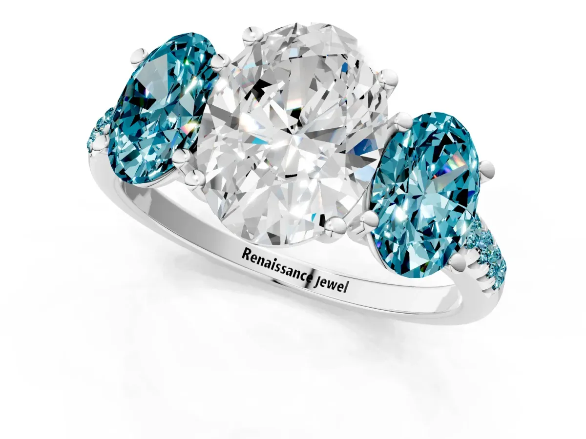 Three-Stone Oval Cut Diamond Ring with Round Blue Topaz Pavé Band and Prong Setting Silver